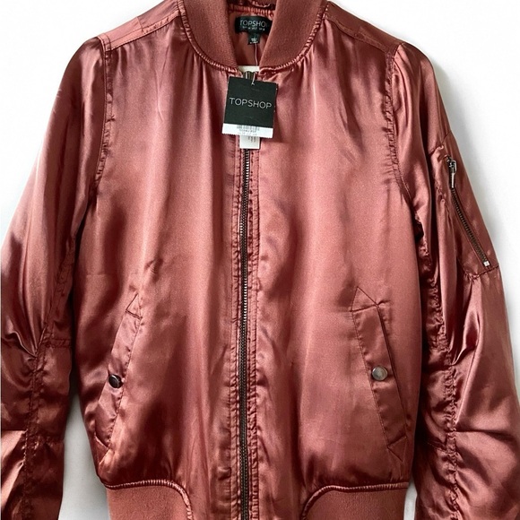 TOPSHOP Rust Rose Gold Satin Bomber Jacket - Picture 6 of 7